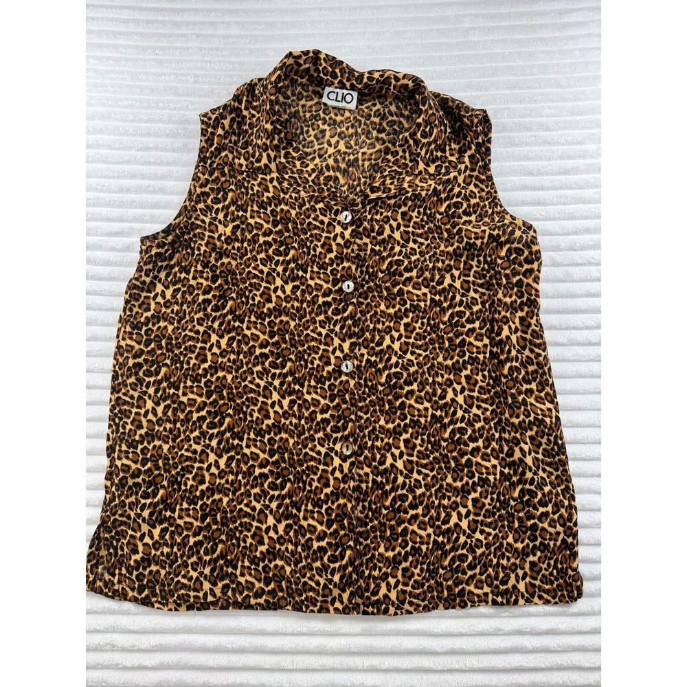 Clio Womens Large Leopard Print Sleeveless Button Down Blouse Made in USA